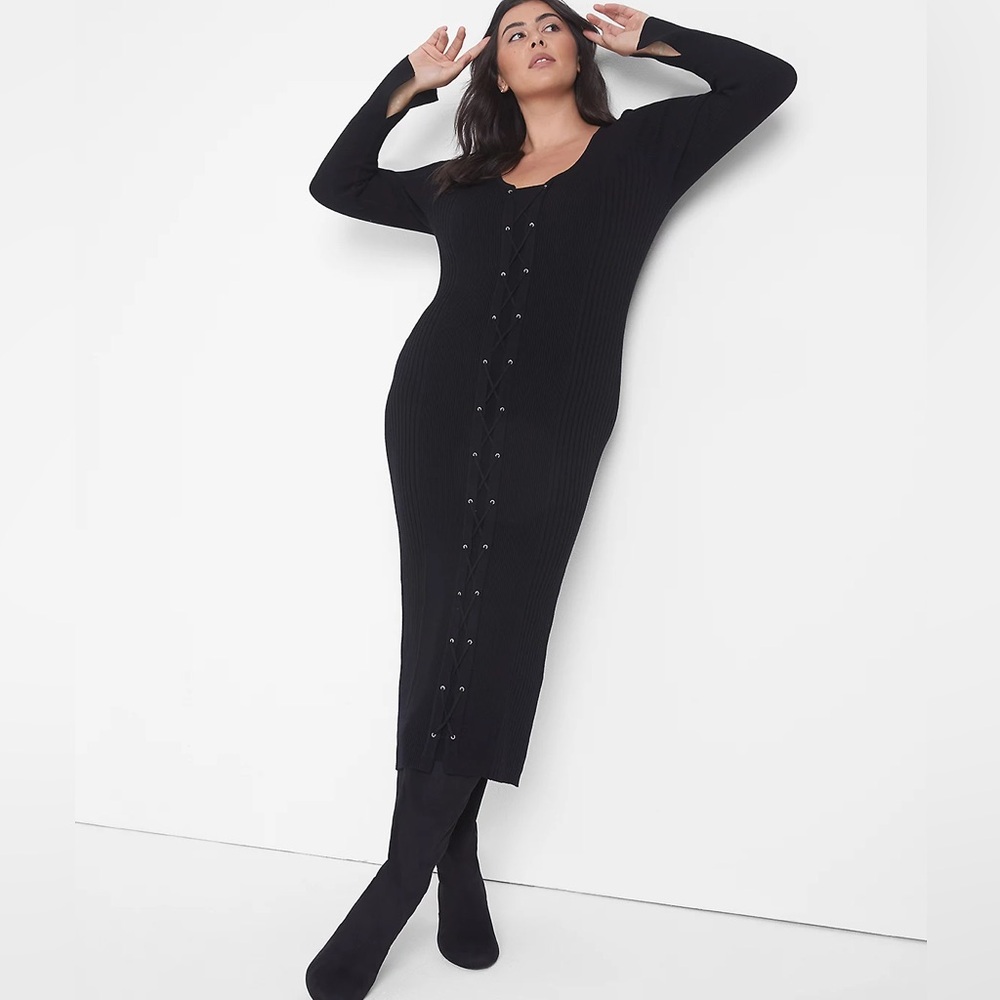 Long Sleeve V-Neck Lace-Up Front Sweater Dress